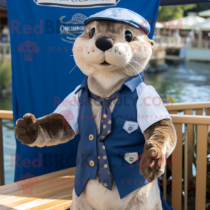 Navy Otter mascot costume character dressed with a Chambray Shirt and Ties