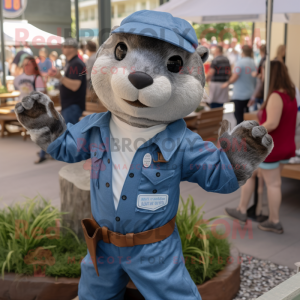 Navy Otter mascot costume character dressed with a Chambray Shirt and Ties
