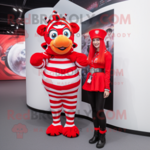 Red Zebra mascot costume character dressed with a Mini Skirt and Berets