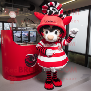 Red Zebra mascot costume character dressed with a Mini Skirt and Berets