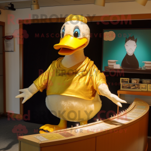 Gold Duck mascot costume character dressed with a Tank Top and Shawl pins