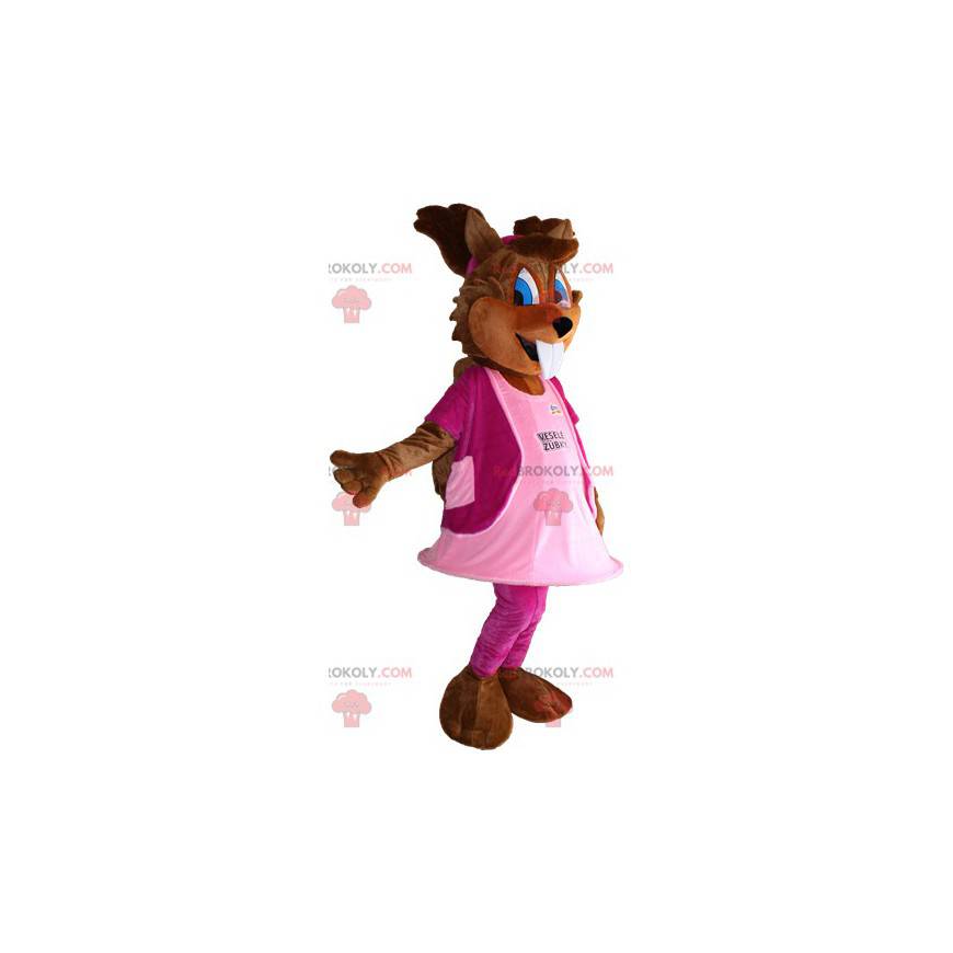 Veverka maskot s modrýma očima a růžovými šaty - Redbrokoly.com Veverka maskot s modrýma očima a růžovými šaty - Redbrokoly.com
