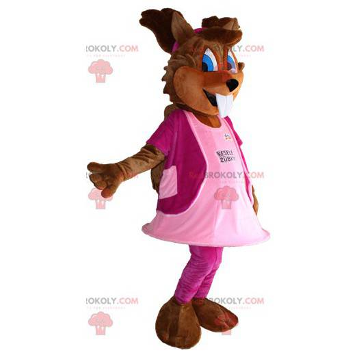 Eichhörnchen-Maskottchen mit blauen Augen und einem rosa Kleid