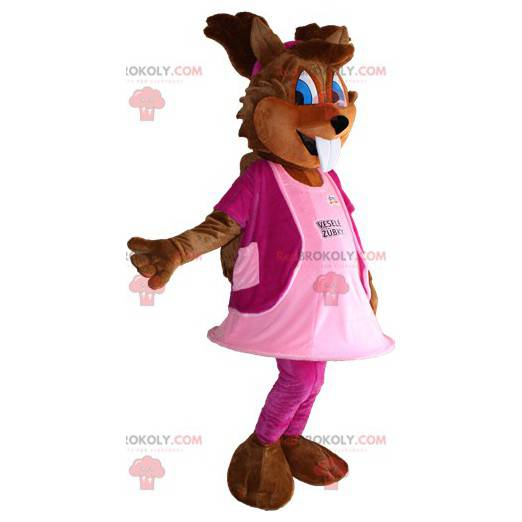 Mascotte d'écureuil avec les yeux bleus et une robe rose -