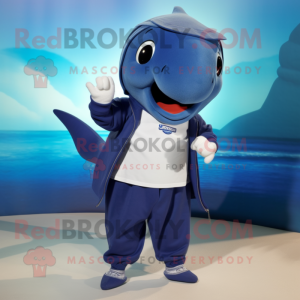 Navy Blue Whale mascot costume character dressed with a Bermuda Shorts and Brooches