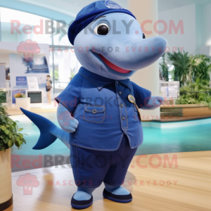 Navy Blue Whale mascot costume character dressed with a Bermuda Shorts and Brooches