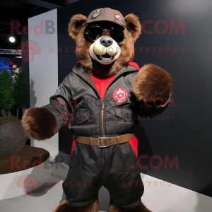 Red Spectacled Bear mascot costume character dressed with a Bomber Jacket and Belts