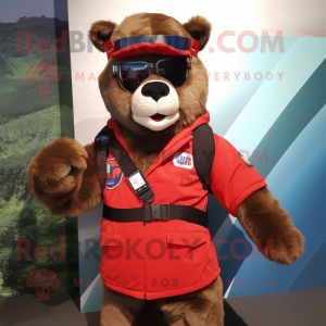 Red Spectacled Bear mascot costume character dressed with a Bomber Jacket and Belts