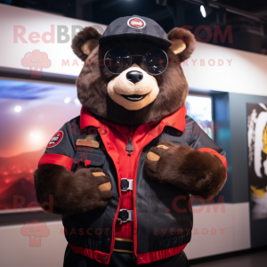 Red Spectacled Bear mascot costume character dressed with a Bomber Jacket and Belts