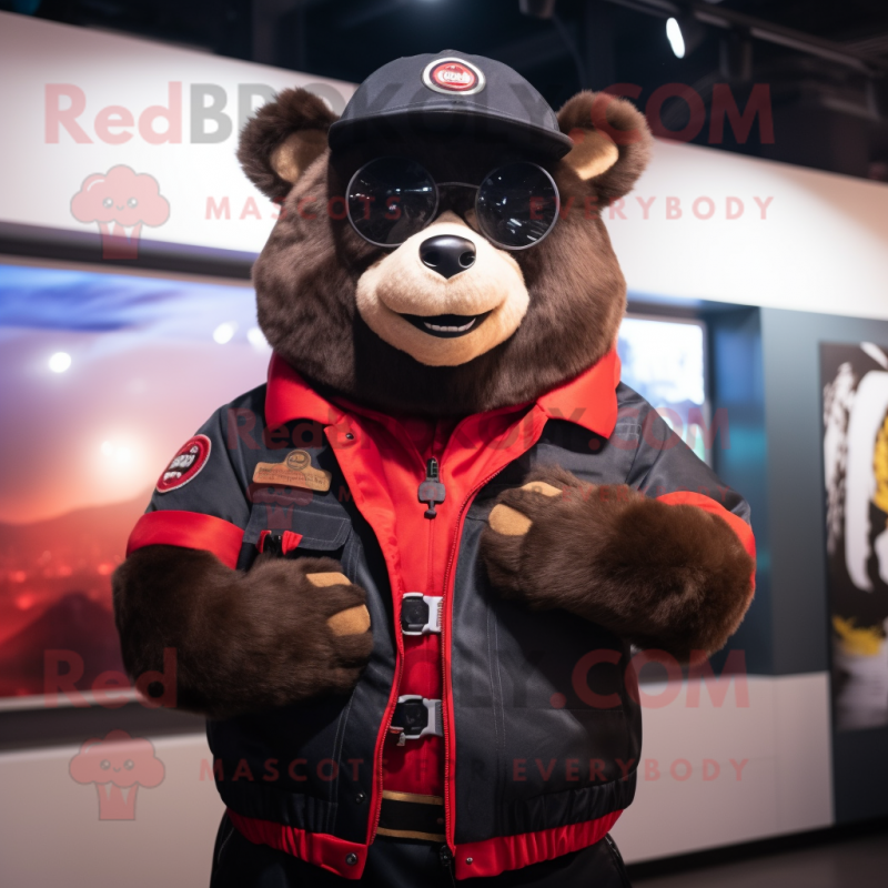 Red Spectacled Bear mascot costume character dressed with a Bomber Jacket and Belts Red Spectacled Bear mascot costume character dressed with a Bomber Jacket and Belts