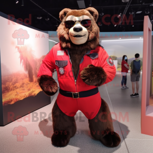 Red Spectacled Bear mascot costume character dressed with a Bomber Jacket and Belts