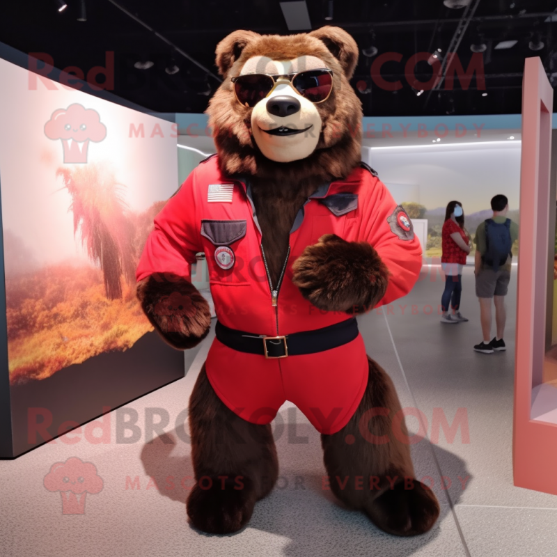 Red Spectacled Bear mascot costume character dressed with a Bomber Jacket and Belts Red Spectacled Bear mascot costume character dressed with a Bomber Jacket and Belts