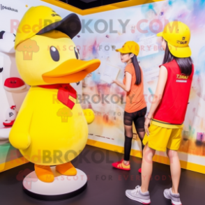 Yellow Duck mascot costume character dressed with a Bikini and Beanies