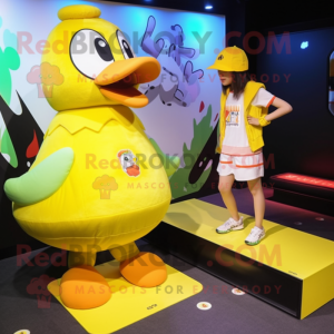 Yellow Duck mascot costume character dressed with a Bikini and Beanies