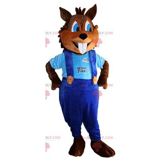 Brown squirrel mascot with big teeth and overalls -