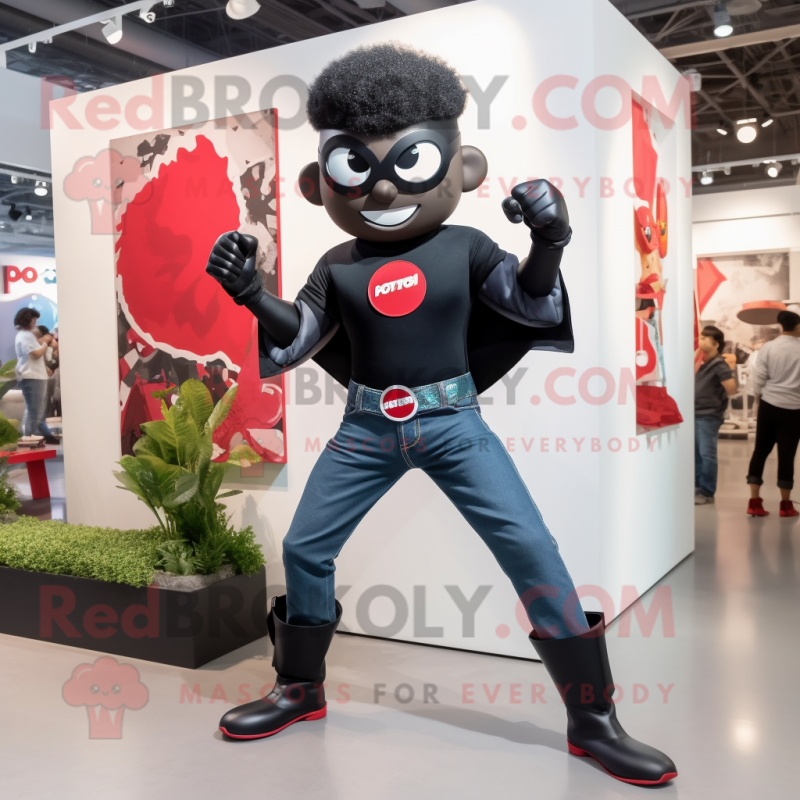 Black Superhero mascot costume character dressed with a Boyfriend Jeans and Brooches