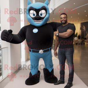 Black Superhero mascot costume character dressed with a Boyfriend Jeans and Brooches
