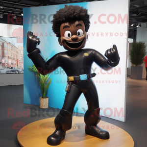 Black Superhero mascot costume character dressed with a Boyfriend Jeans and Brooches