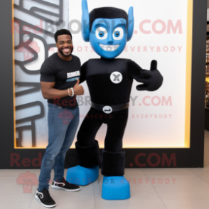 Black Superhero mascot costume character dressed with a Boyfriend Jeans and Brooches