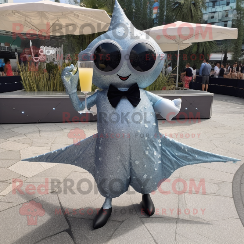 Gray Stingray mascot costume character dressed with a Cocktail Dress and Sunglasses