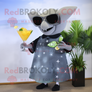 Gray Stingray mascot costume character dressed with a Cocktail Dress and Sunglasses