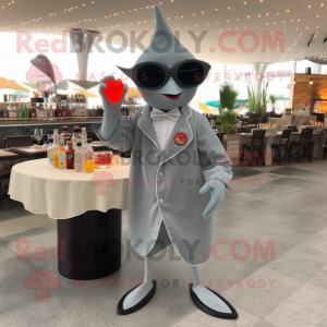 Gray Stingray mascot costume character dressed with a Cocktail Dress and Sunglasses