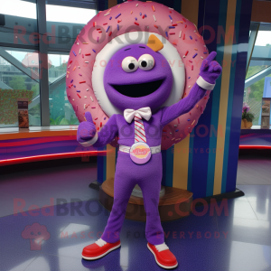 Purple Donut mascot costume character dressed with a Playsuit and Pocket squares
