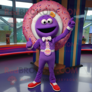 Purple Donut mascot costume character dressed with a Playsuit and Pocket squares