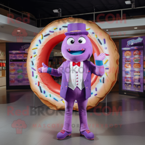 Purple Donut mascot costume character dressed with a Playsuit and Pocket squares