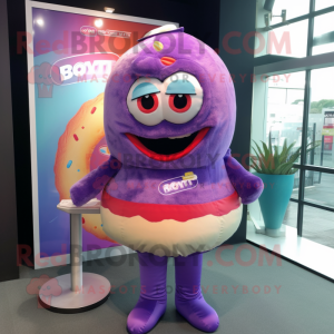 Purple Donut mascot costume character dressed with a Playsuit and Pocket squares