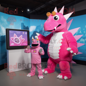 Pink Stegosaurus mascot costume character dressed with a Turtleneck and Digital watches