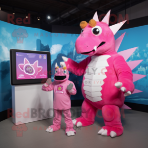 Pink Stegosaurus mascot costume character dressed with a Turtleneck and Digital watches