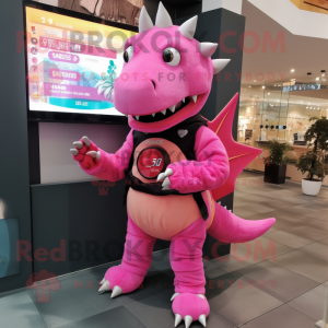 Pink Stegosaurus mascot costume character dressed with a Turtleneck and Digital watches