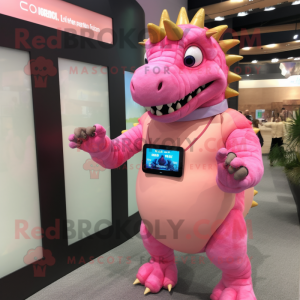 Pink Stegosaurus mascot costume character dressed with a Turtleneck and Digital watches