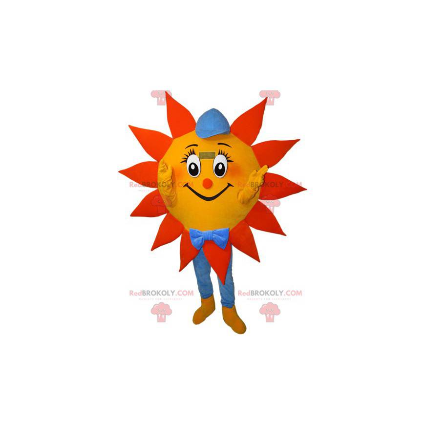Orange gul och blå solmaskot med keps - Redbrokoly.com