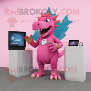 Pink Stegosaurus mascot costume character dressed with a Turtleneck and Digital watches