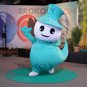 Turquoise Beluga Whale mascot costume character dressed with a Circle Skirt and Hats