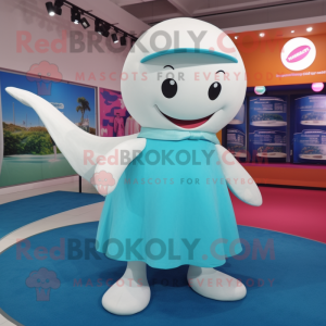 Turquoise Beluga Whale mascot costume character dressed with a Circle Skirt and Hats