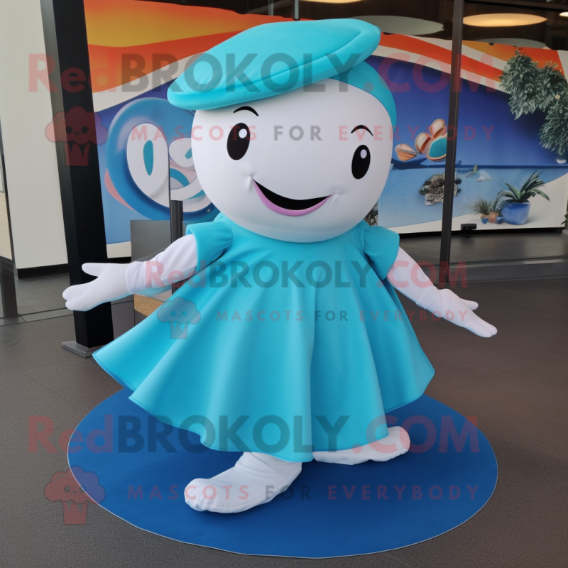 Turquoise Beluga Whale mascot costume character dressed with a Circle Skirt and Hats