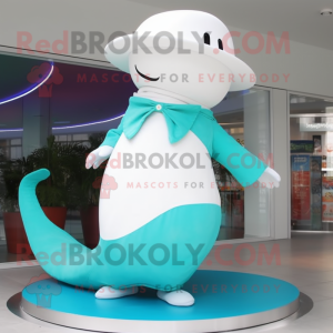 Turquoise Beluga Whale mascot costume character dressed with a Circle Skirt and Hats