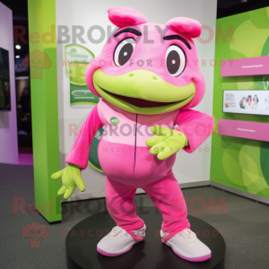 Pink Frog mascot costume character dressed with a Joggers and Beanies
