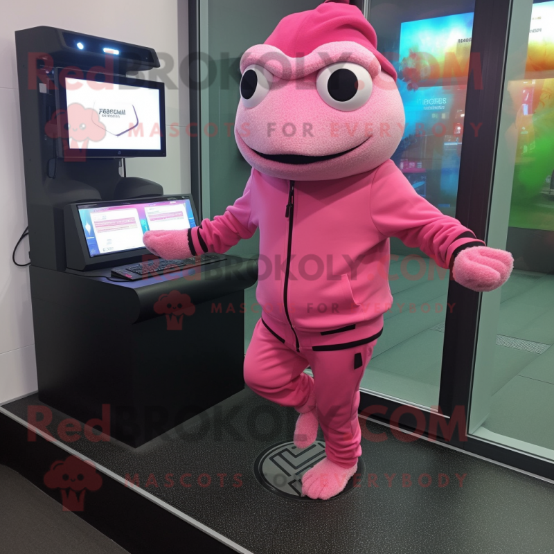 Pink Frog mascot costume character dressed with a Joggers and Beanies