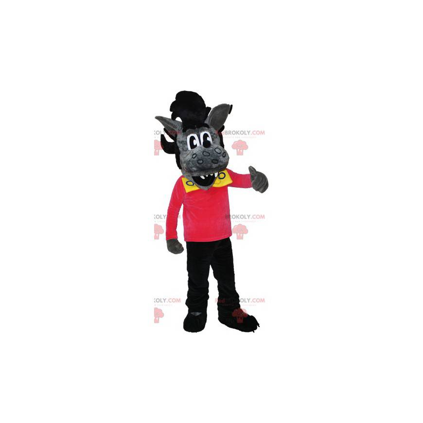 Mascote lobo cinzento e preto com penteado rock - Redbrokoly.com