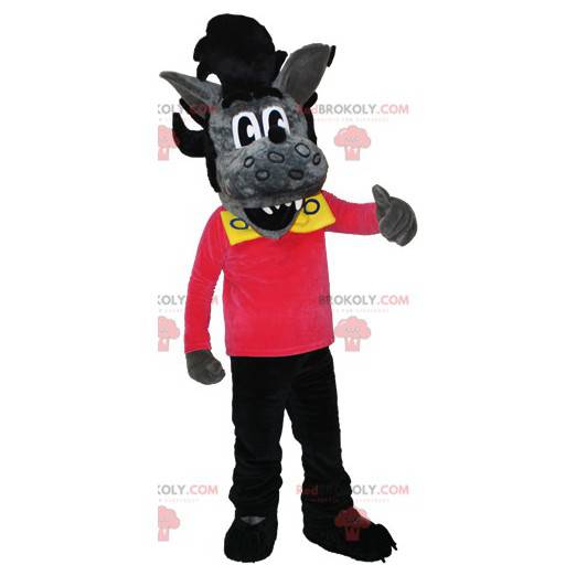 Gray and black wolf mascot with a rock hairstyle -