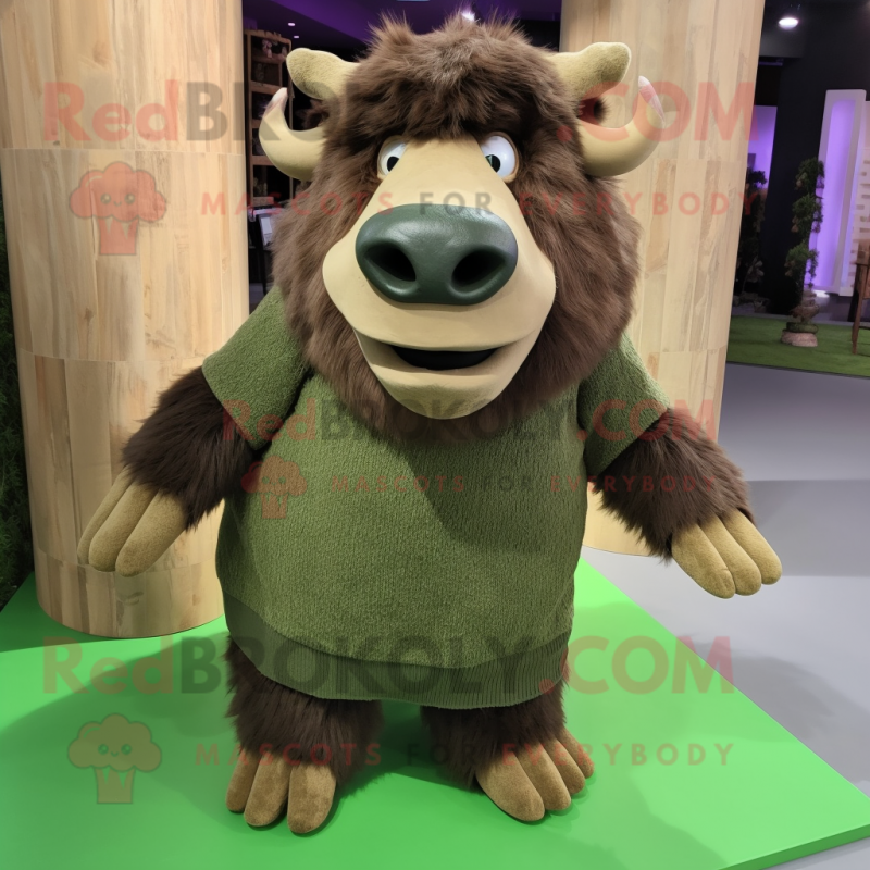 Olive Buffalo mascot costume character dressed with a Sweater and Foot pads