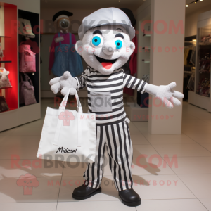 Silver Mime mascot costume character dressed with a Playsuit and Tote bags