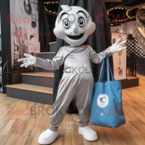 Silver Mime mascot costume character dressed with a Playsuit and Tote bags