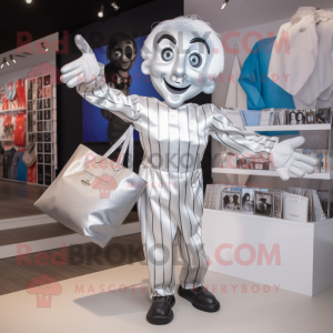 Silver Mime mascot costume character dressed with a Playsuit and Tote bags