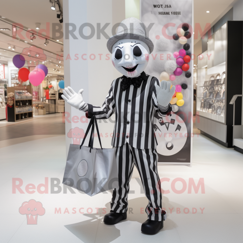 Silver Mime mascot costume character dressed with a Playsuit and Tote bags Silver Mime mascot costume character dressed with a Playsuit and Tote bags