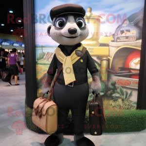 Black Meerkat mascot costume character dressed with a Blouse and Messenger bags